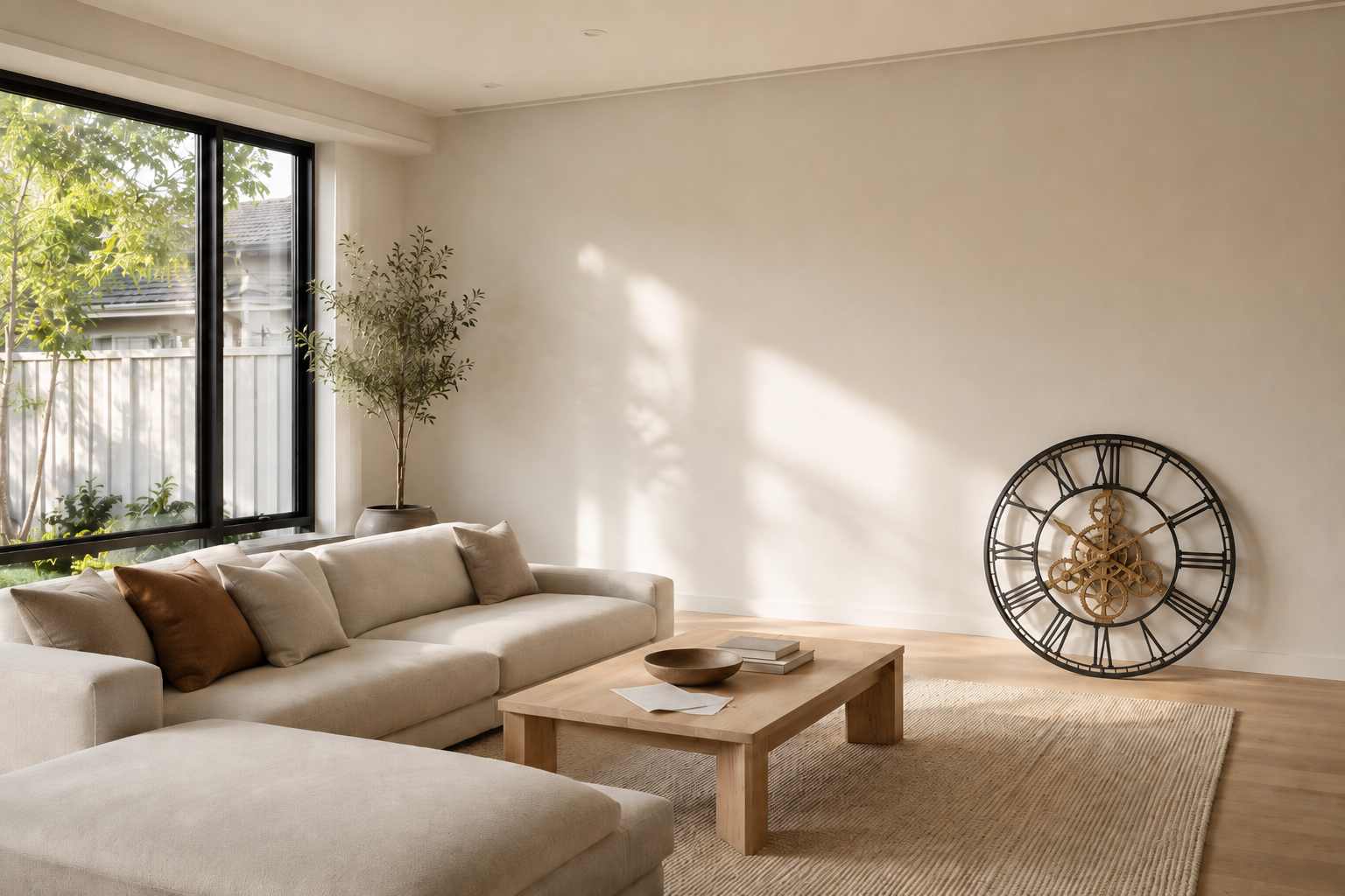 Black and gold moving-gear wall clock leaning against a living room wall before hanging