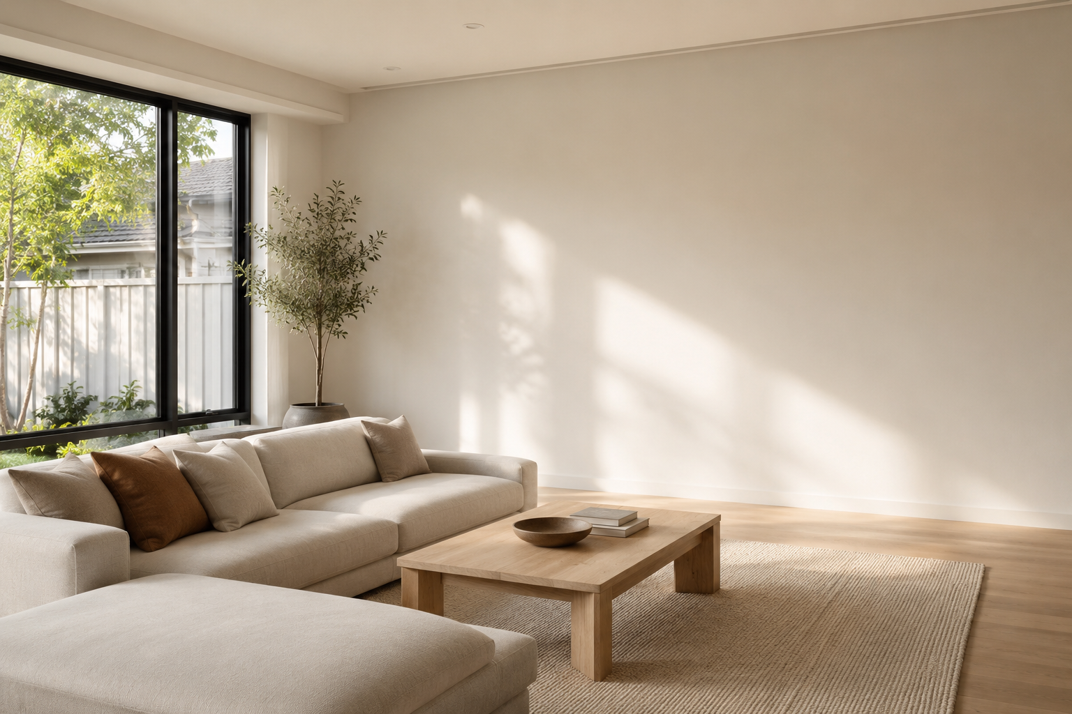 Neutral modern living room with bare feature wall before adding home décor