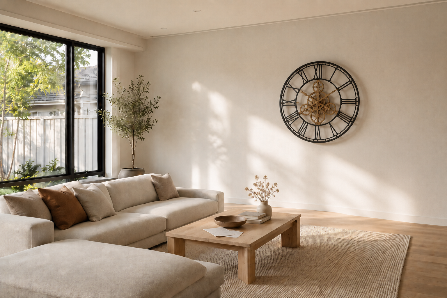 Moving-gear wall clock hung as the focal point of a modern Australian living room
