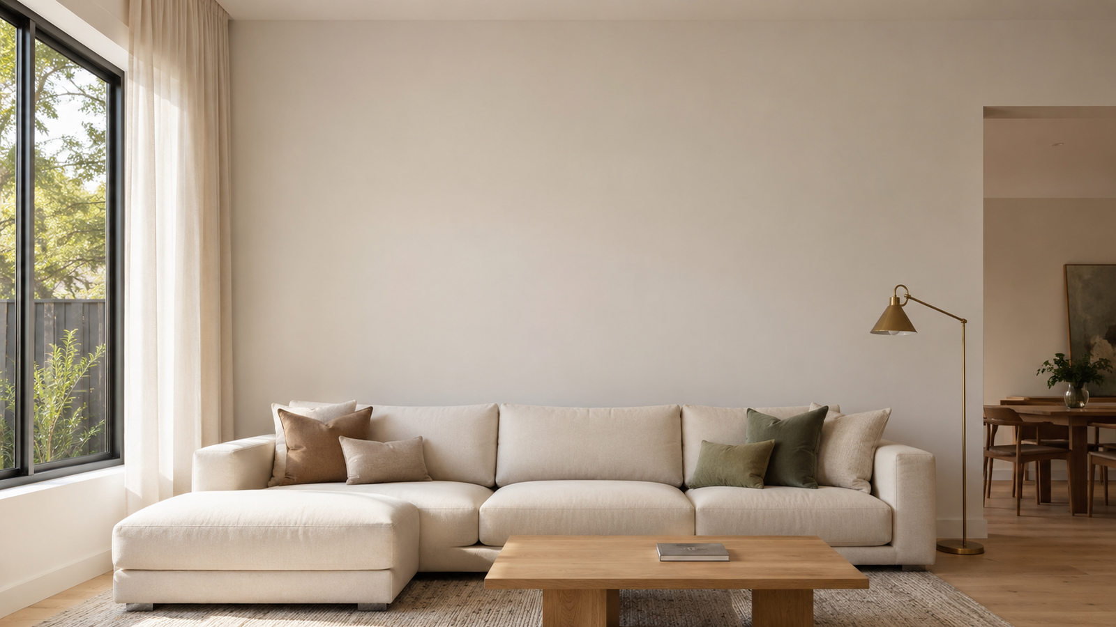 Contemporary Australian living room in ivory tones with an empty feature wall awaiting statement décor